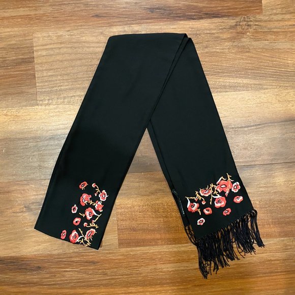 White House Black Market Black Scarf w Floral Detailing and Fringed Ends - Picture 2 of 10